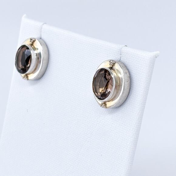 Vintage Sterling Silver 925 Brown Faceted Smoky Quartz Stud Earrings - Picture 4 of 9